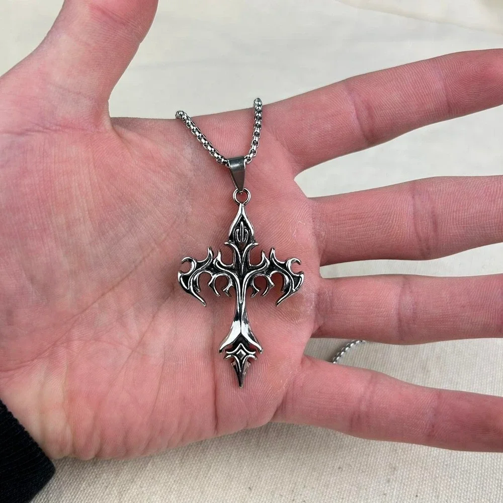 Vintage Y2K silver cross opium cyber punk style necklace emo goth